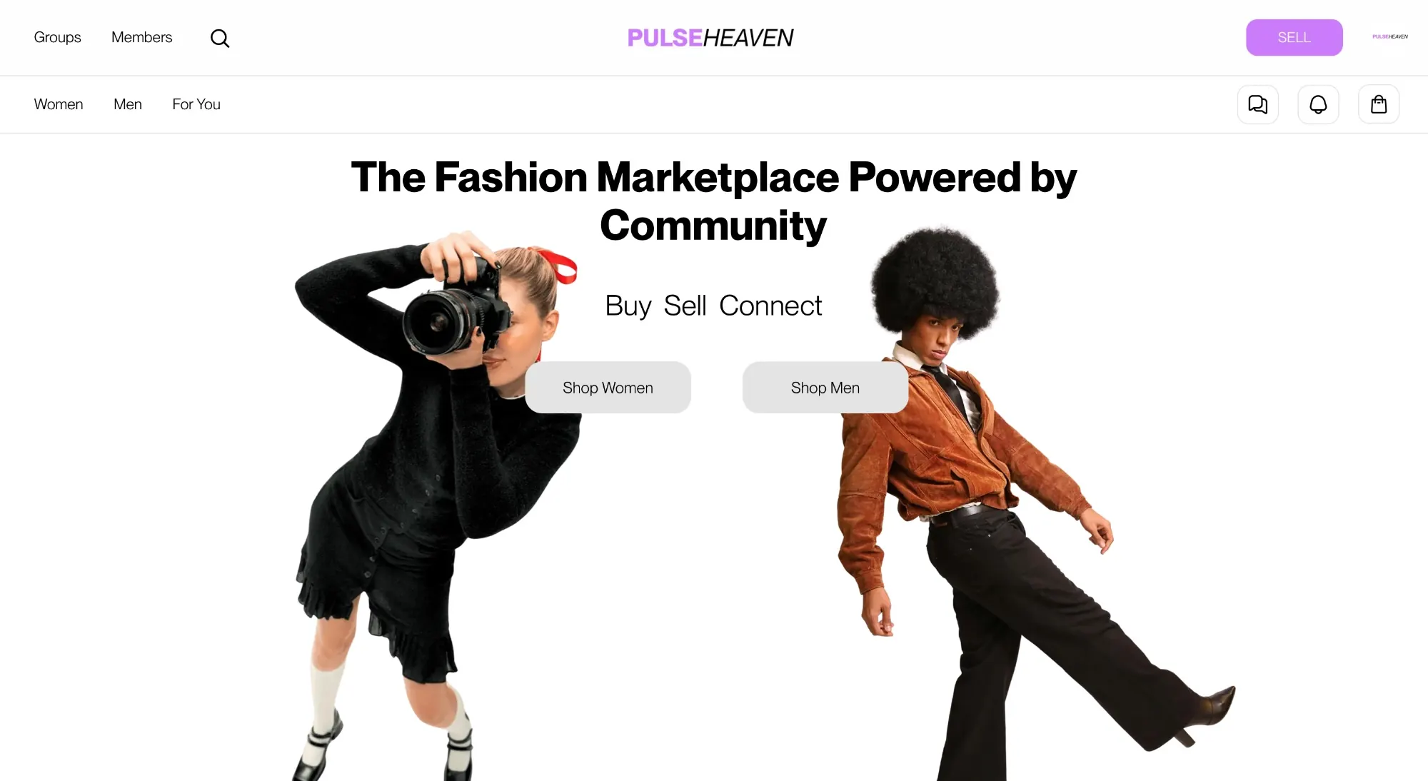 The original Pulseheaven homepage on desktop: a slogan, two grey shop buttons, and two cut-out models.