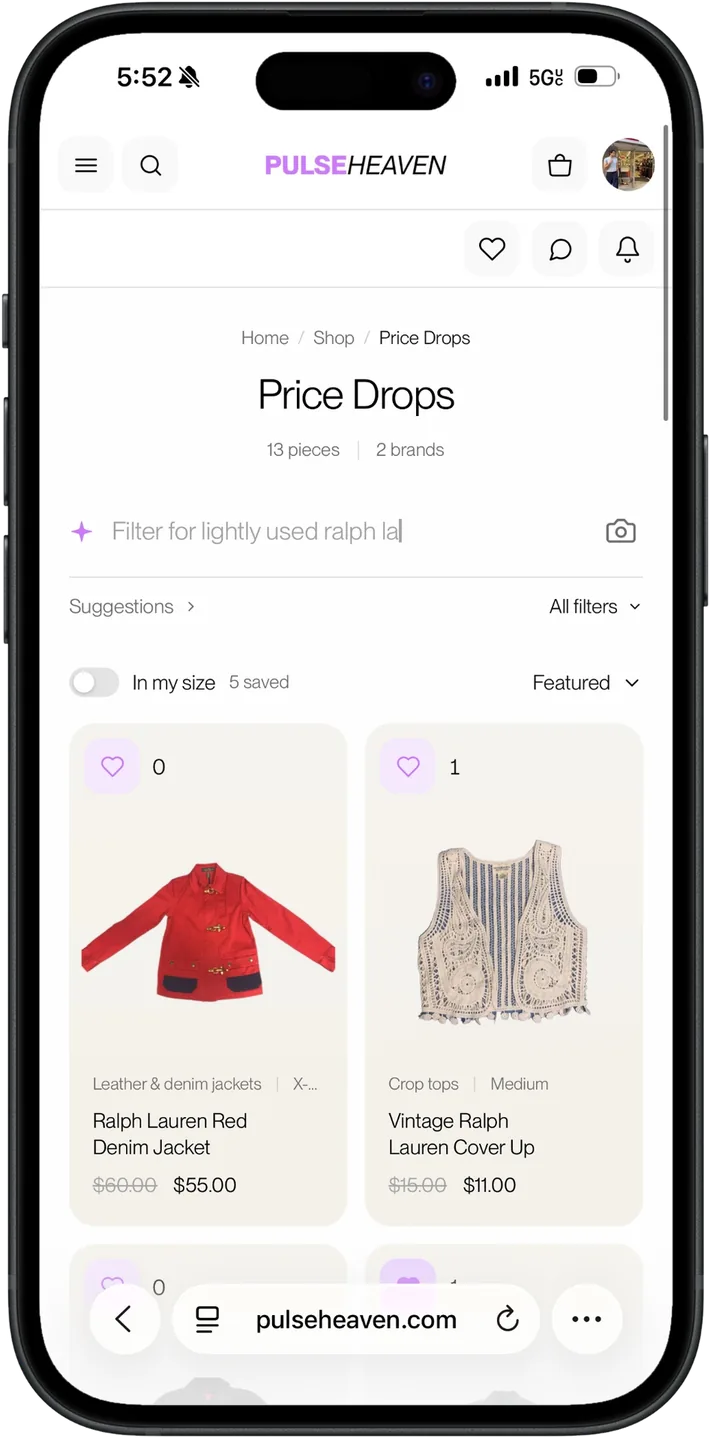 The Pulseheaven Price Drops page on a phone, with an AI filter, an In my size toggle, and discounted items.