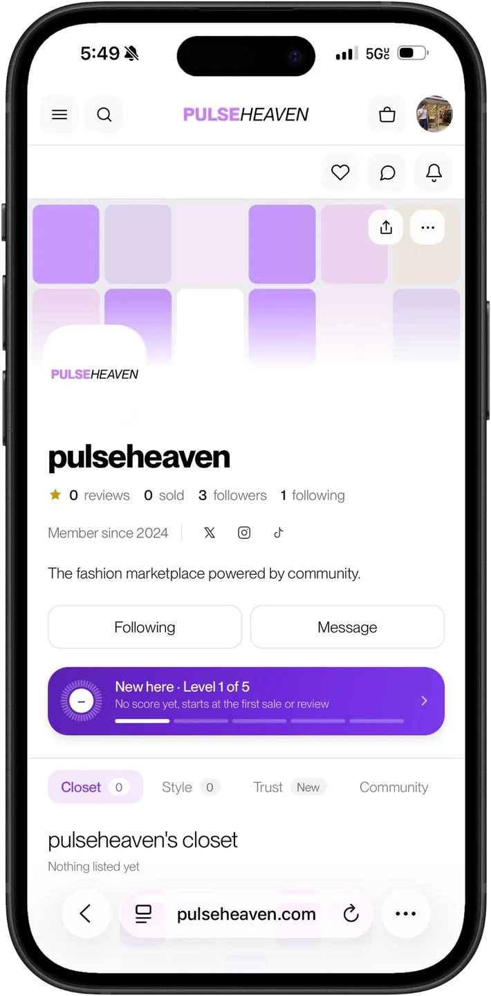 The redesigned Pulseheaven seller profile on a phone, with the name, stats, Follow and Message buttons, and a trust card.