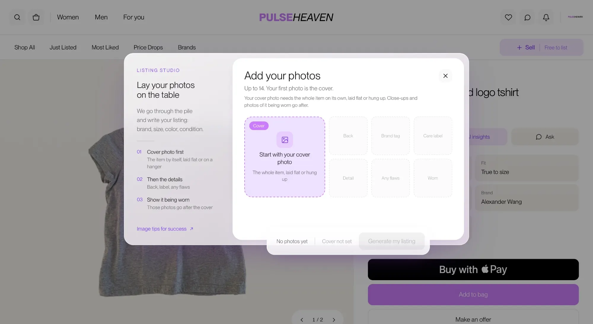 The Pulseheaven Listing Studio, where sellers add a cover photo and detail shots and the listing is written for them.