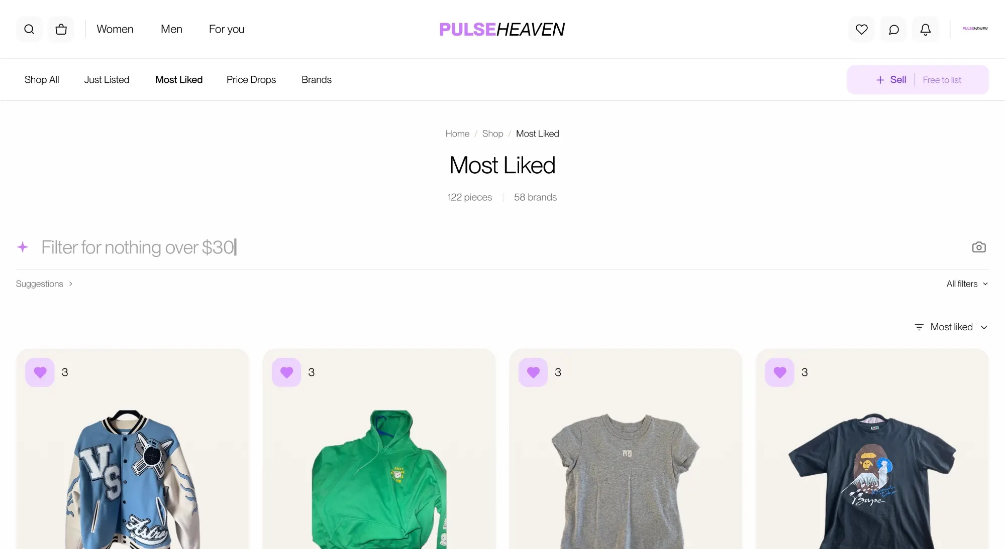 The Pulseheaven Most Liked page on desktop, with an AI filter bar, curated shopping links, and a product grid.