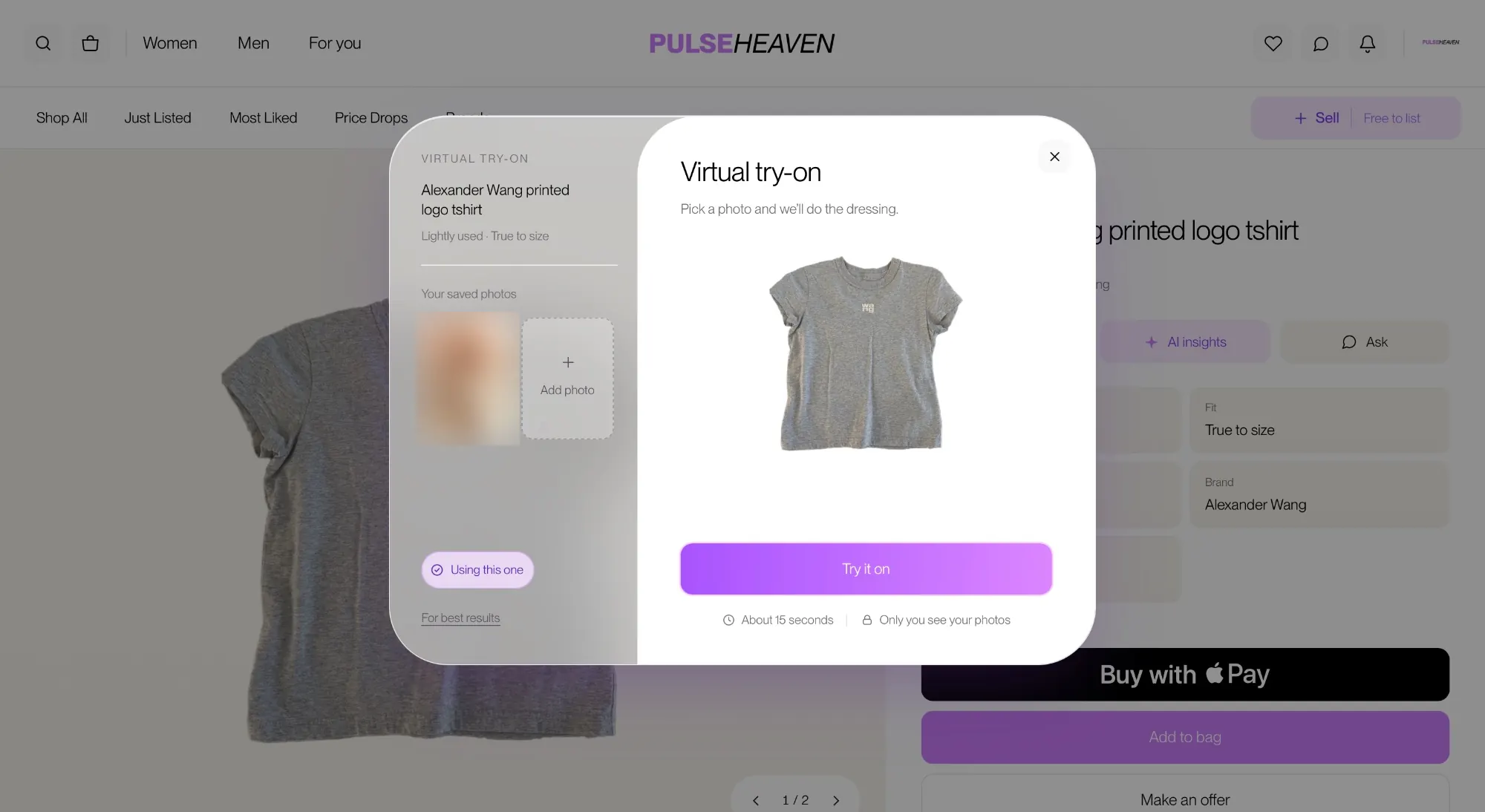 The Pulseheaven virtual try-on window, where a shopper picks a saved photo to see the item on themselves.